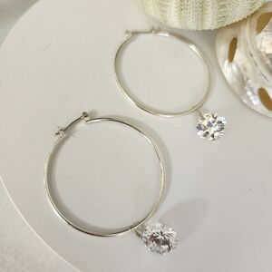 Silver Hoop Earrings with Floating Cubic Zirconia Diamond